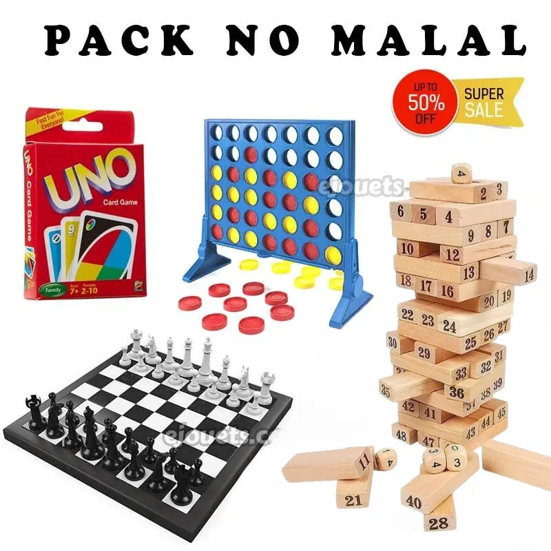 PACK 4: Jenga 54 pcs en bois naturel+ Jeu d'échecs magnétique + Carte Uno + Jeu de Puissance 4