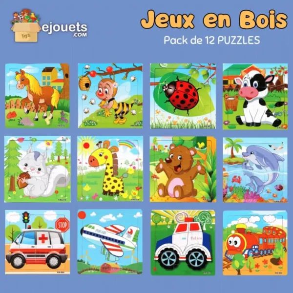 12 Puzzle en bois pour enfants 15x15cm, jouets éducatifs, cadeaux pour enfants