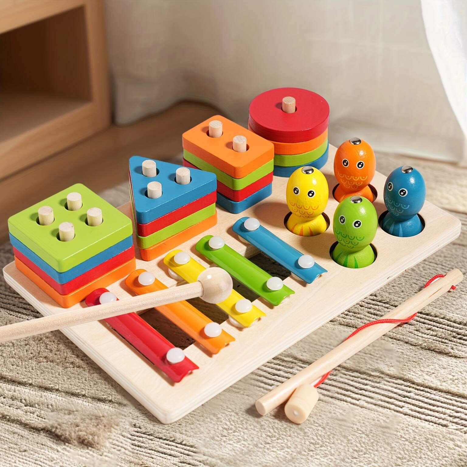 Montessori Jouet, 3 en 1 Bois Bloc Géométriques, Formes Et Couleurs à Trier à Empiler Jeu De pêche, Xylophone – Image 4