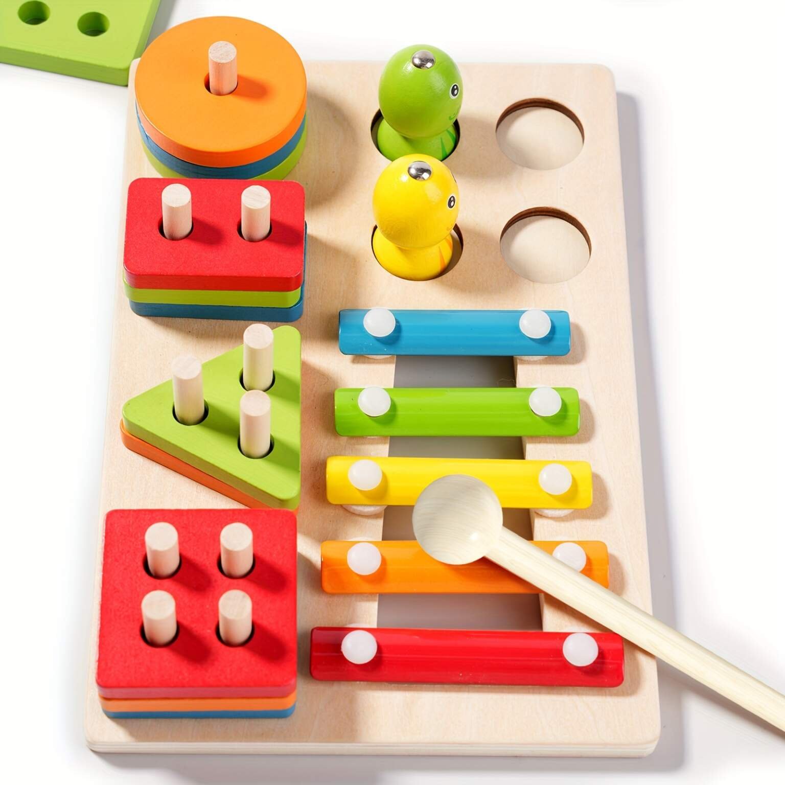Montessori Jouet, 3 en 1 Bois Bloc Géométriques, Formes Et Couleurs à Trier à Empiler Jeu De pêche, Xylophone – Image 5
