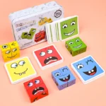 Jouets de cube de visage proxy en bois, blocs de construction de dessin animé, puzzle Montessori,