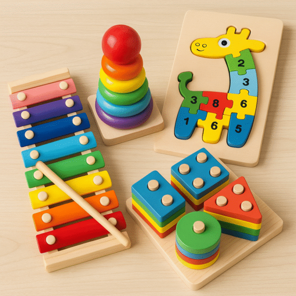Set de 4 Jeux d'Éveil en Bois Colorés - Xylophone, Anneaux, Tri de Formes & Puzzle Animal