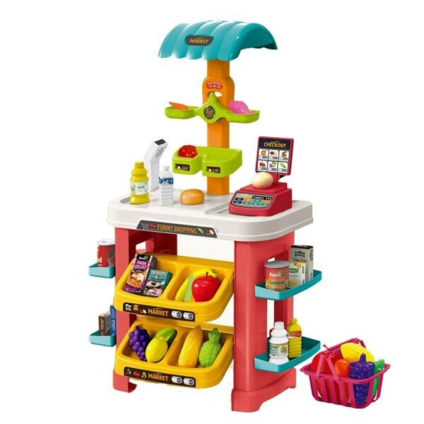 Stand Marché/Jouet épicerie avec caisse et panier – ROUGE