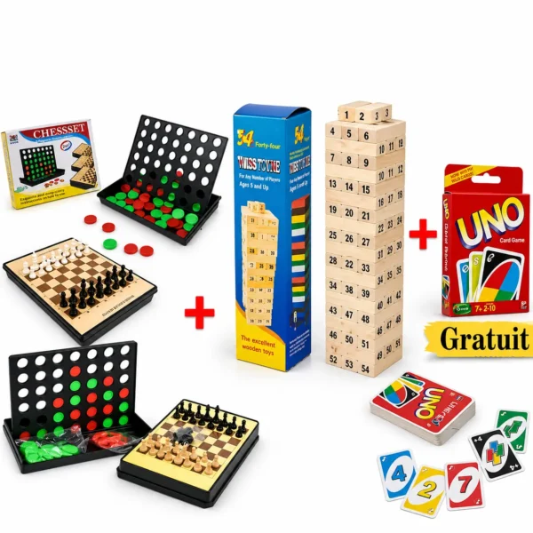 Pack Jeux de Société 3 en 1 - Jenga, UNO, Échecs et Backgammon