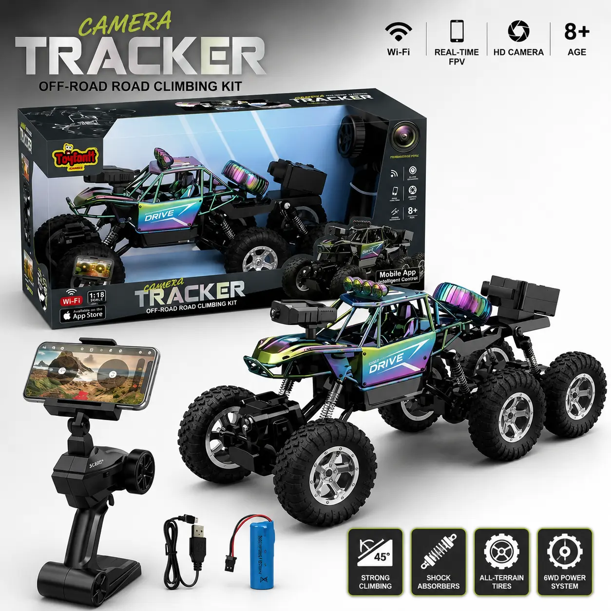 ChatGPT Image 9 mai 2026, 20_11_45 Camera Tracker RC Car 6x6 avec Caméra HD & Contrôle WiFi – Image 1