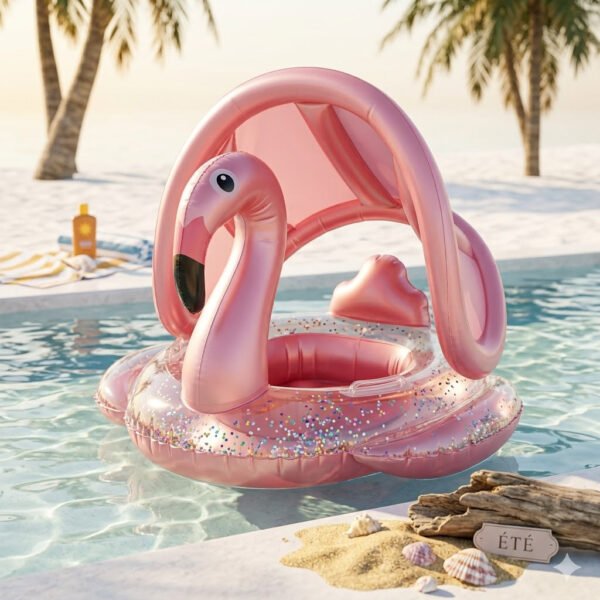 Bouée Siège Bébé Flamant Rose avec Auvent et Paillettes – 6M+