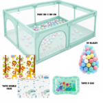 Parc Bébé 150 x 180 cm – Couleur Mint avec Tapis Double Face + 50 Balles + Tapis d’Eau