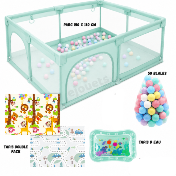 Parc Bébé 150 x 180 cm – Couleur Mint avec Tapis Double Face + 50 Balles + Tapis d’Eau