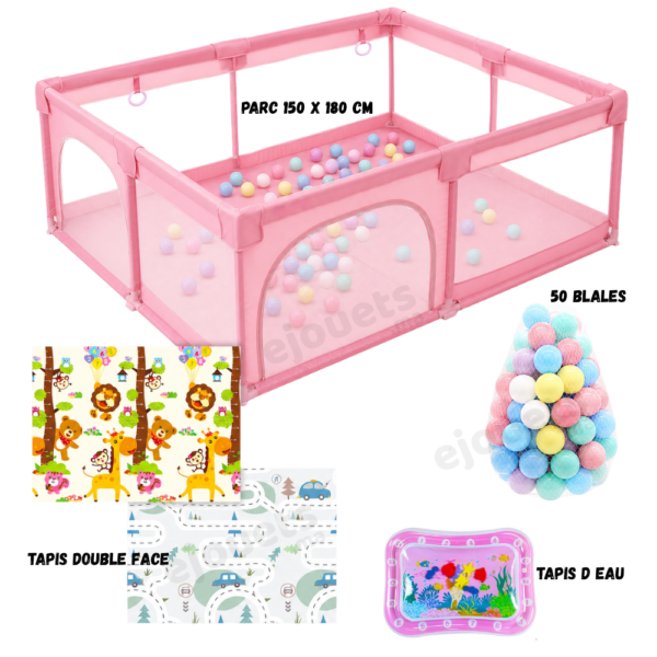 Parc Bébé 150 x 180 cm – Couleur ROSE avec Tapis Double Face + 50 Balles + Tapis d’Eau (Copie)