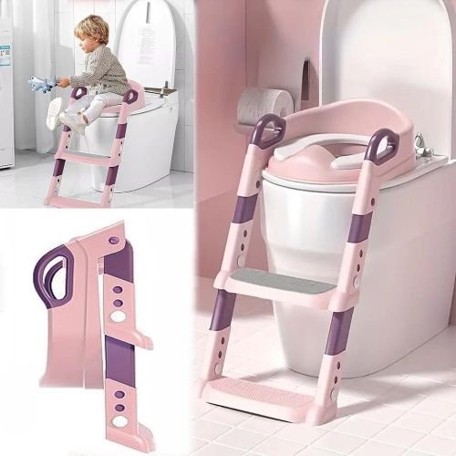 1-3.jpg Chaise de toilette Pliable pliant Siege toilette + escalier, Pot bébé enfant coussin toilette – Image 1