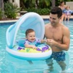 Bouée Bébé avec Parasol Amovible – Flotteur de Piscine Gonflable Anti-UV pour Enfant 6-18 Mois, Siège de Natation Sécurisé avec Culotte, Motif Crabe Bleu – Parfait pour Piscine, 85cm