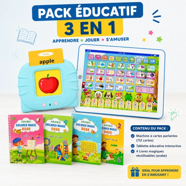 Pack Éducatif 3 en 1 – Tablette Éducative + Machine à Cartes Parlantes + 4 Livres Magiques Réutilisables