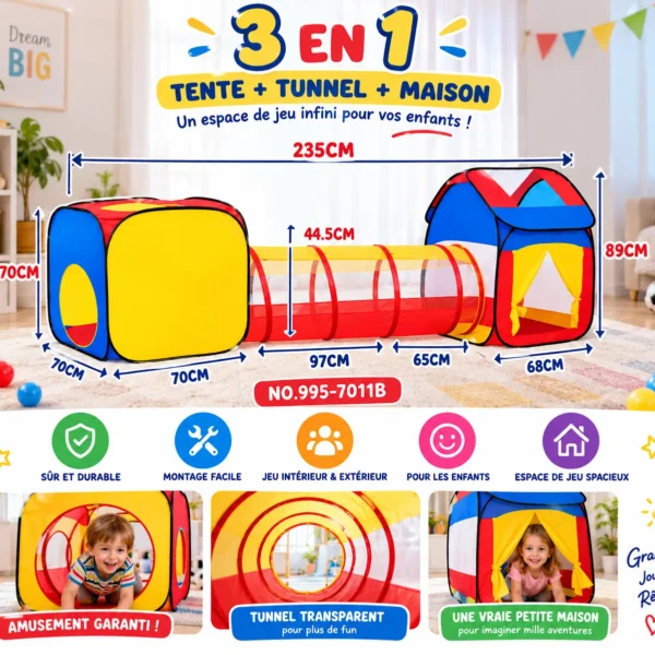 Tente de Jeu Enfant 3 en 1 avec Tunnel Rampant – 235cm