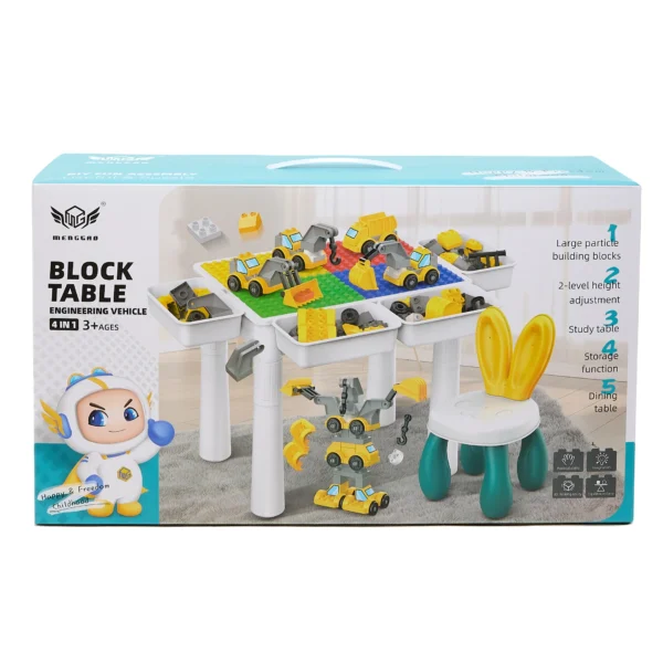 Table de Construction 4 en 1 avec Blocs et Véhicules de Chantier – Table d’Activités Enfant 3+