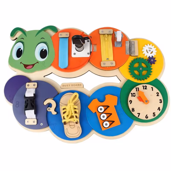 Busy Board Montessori Chenille en Bois – Tableau d'Activités